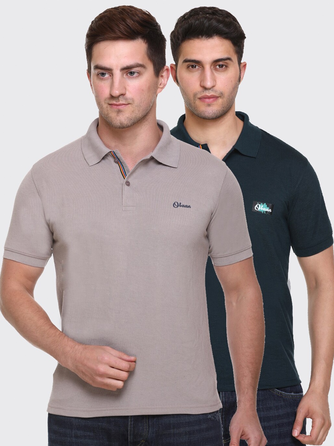 

Obaan Men Pack Of 2 Grey & Green Solid Polo Collar Regular-Fit T-shirts