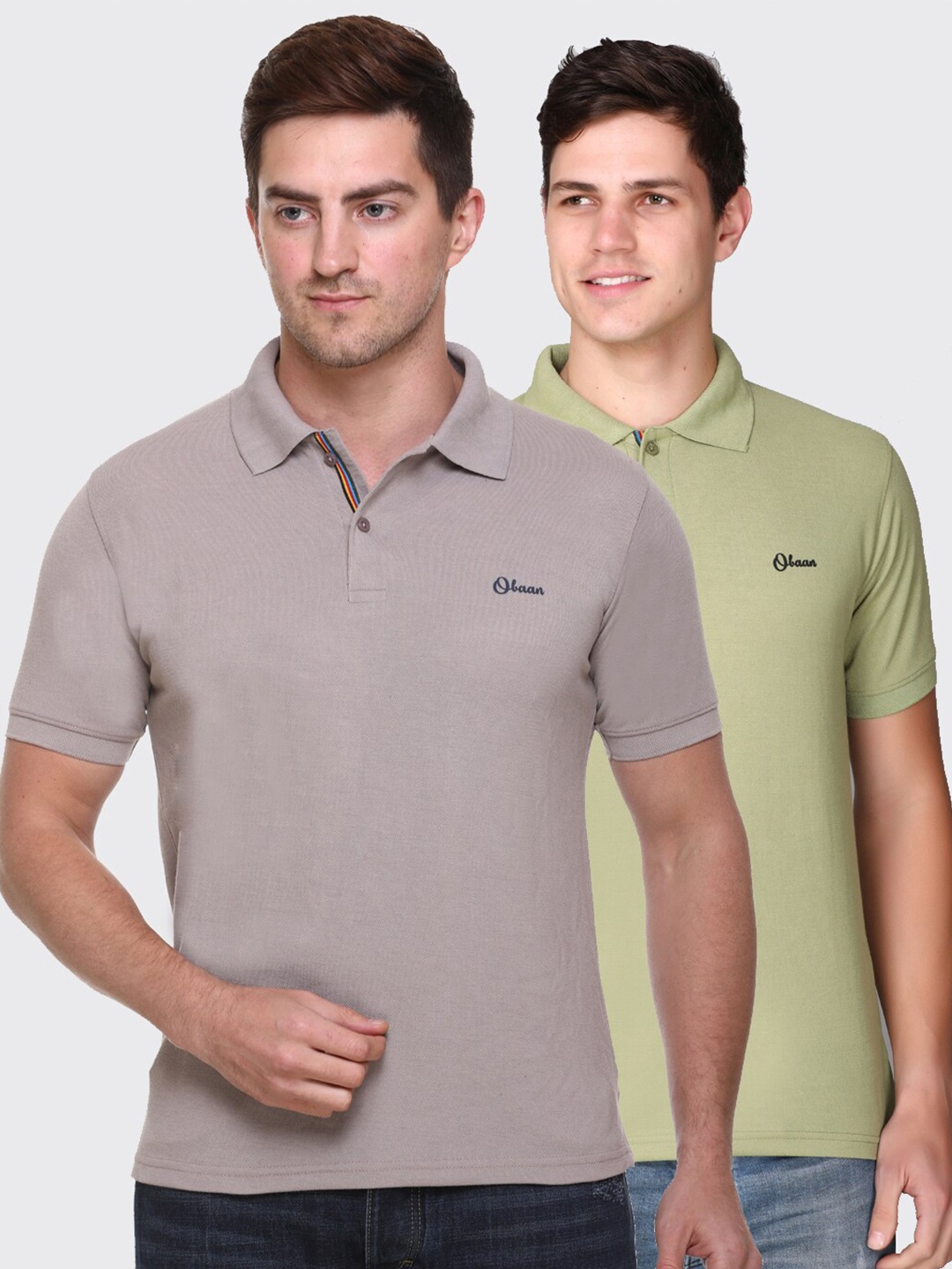 

Obaan Men Pack of 2 Grey & Green Polo Collar T-shirt