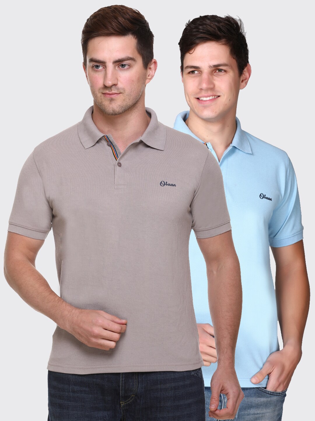 

Obaan Men Pack of 2 Grey & Blue Solid Polo Collar T-shirts