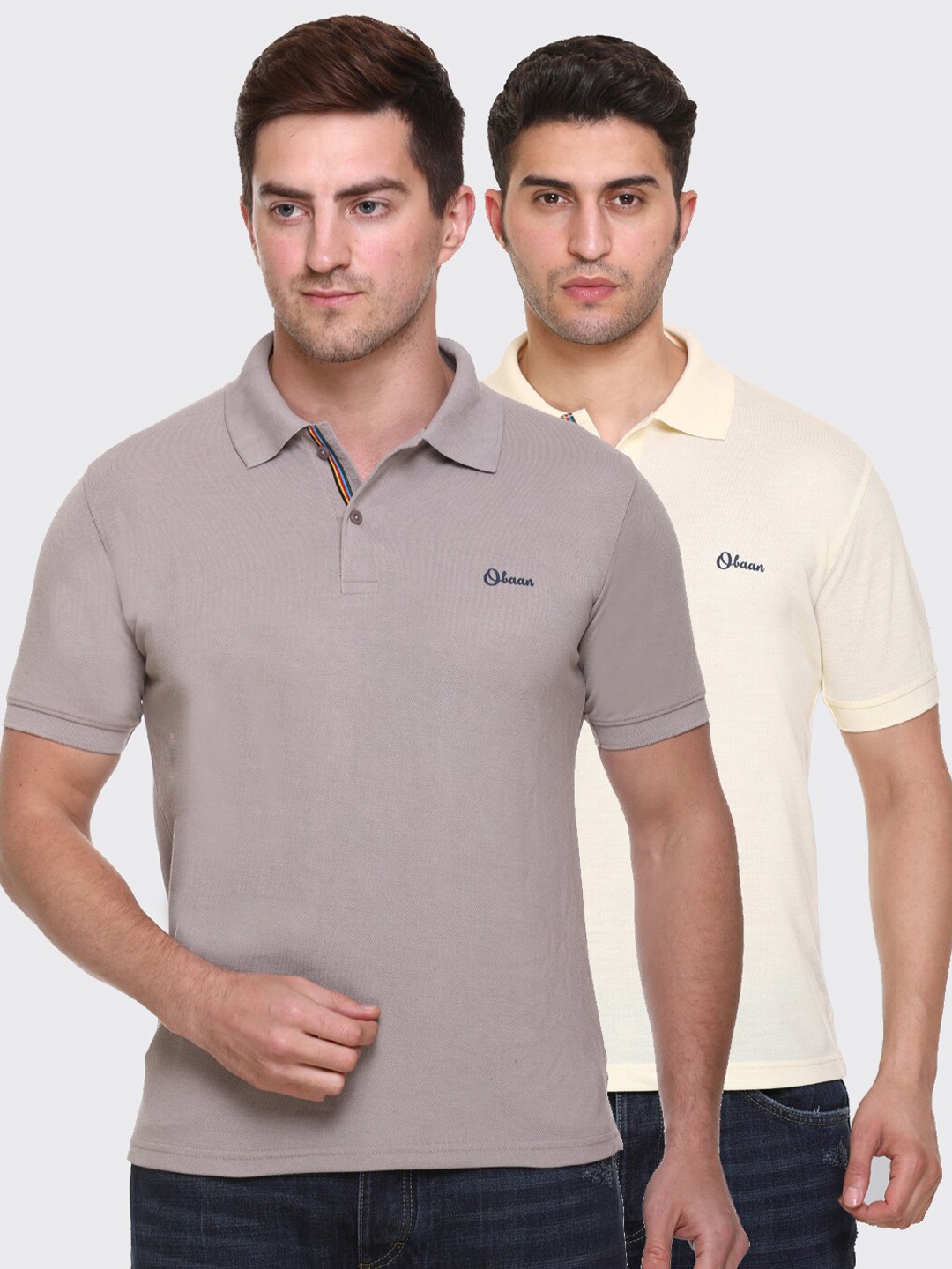 

Obaan Men Grey & Beige Pack Of 2 Polo Collar Regular Fit T-shirt