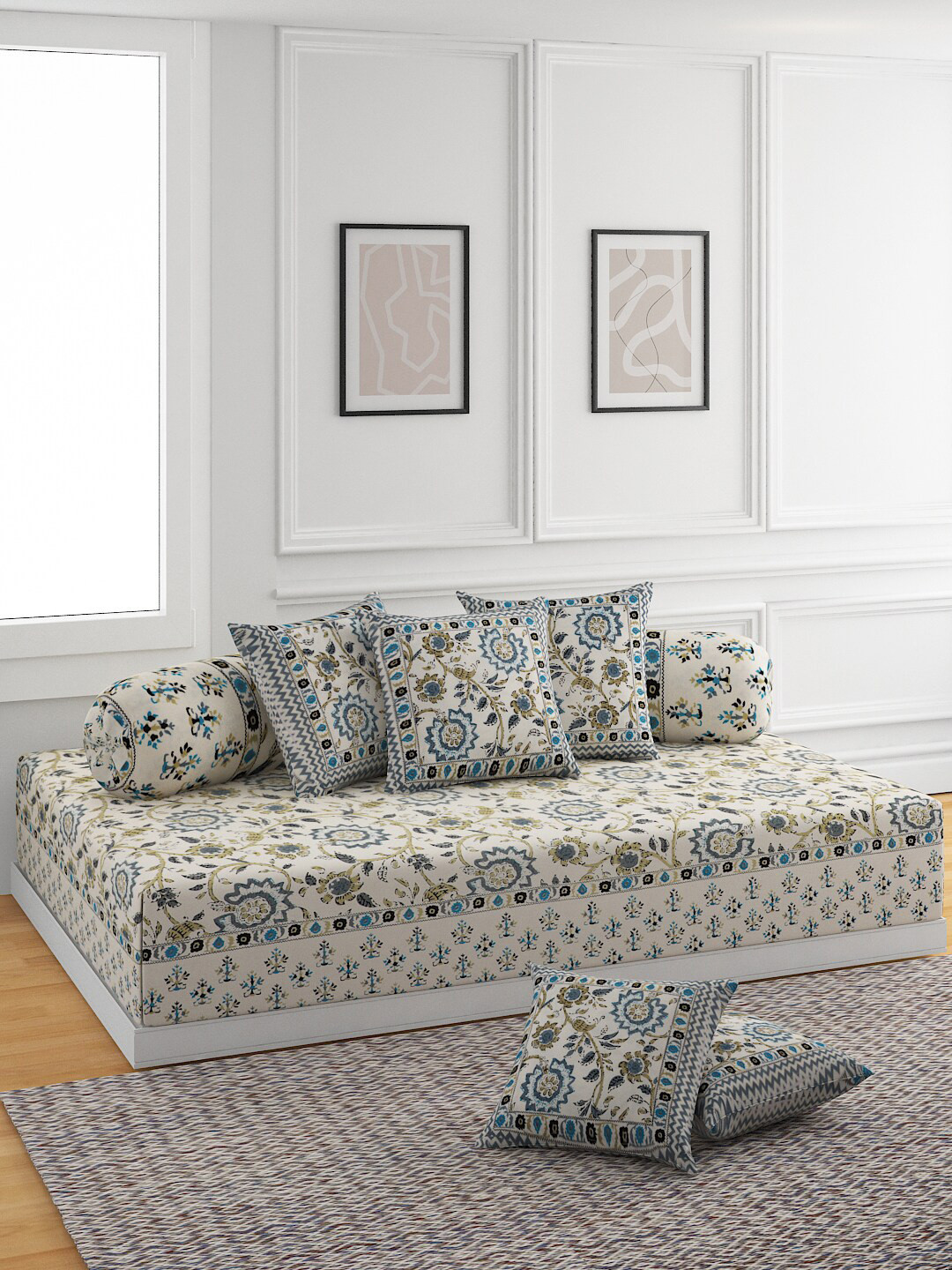 

ROMEE Set Of 8 White & Green Printed Bedsheet With 2 Bolsters & 5 Cushion Covers