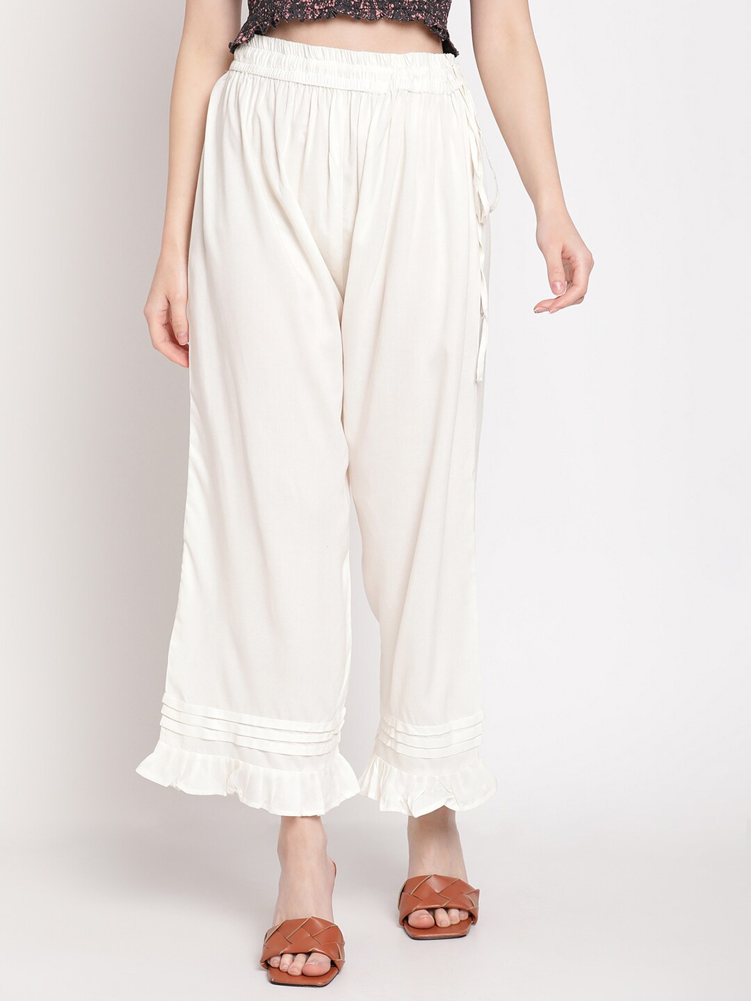 

TAG 7 Women White Solid Frill Hem Design Palazzos