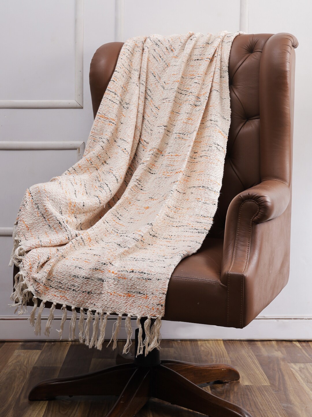 

Soumya Multicoloured Self Design Pure Cotton Throw with Jhallar Tassel, Multi