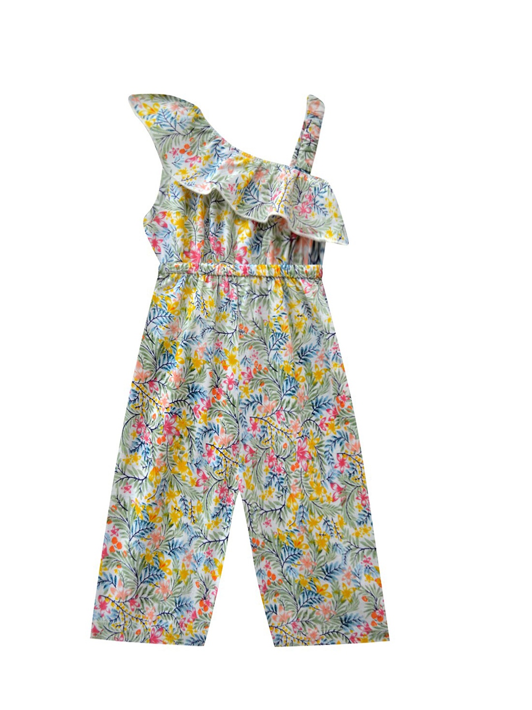 

A.T.U.N. Girls White & Yellow Floral Print One-Shoulder Ruffled Pure Cotton Basic Jumpsuit