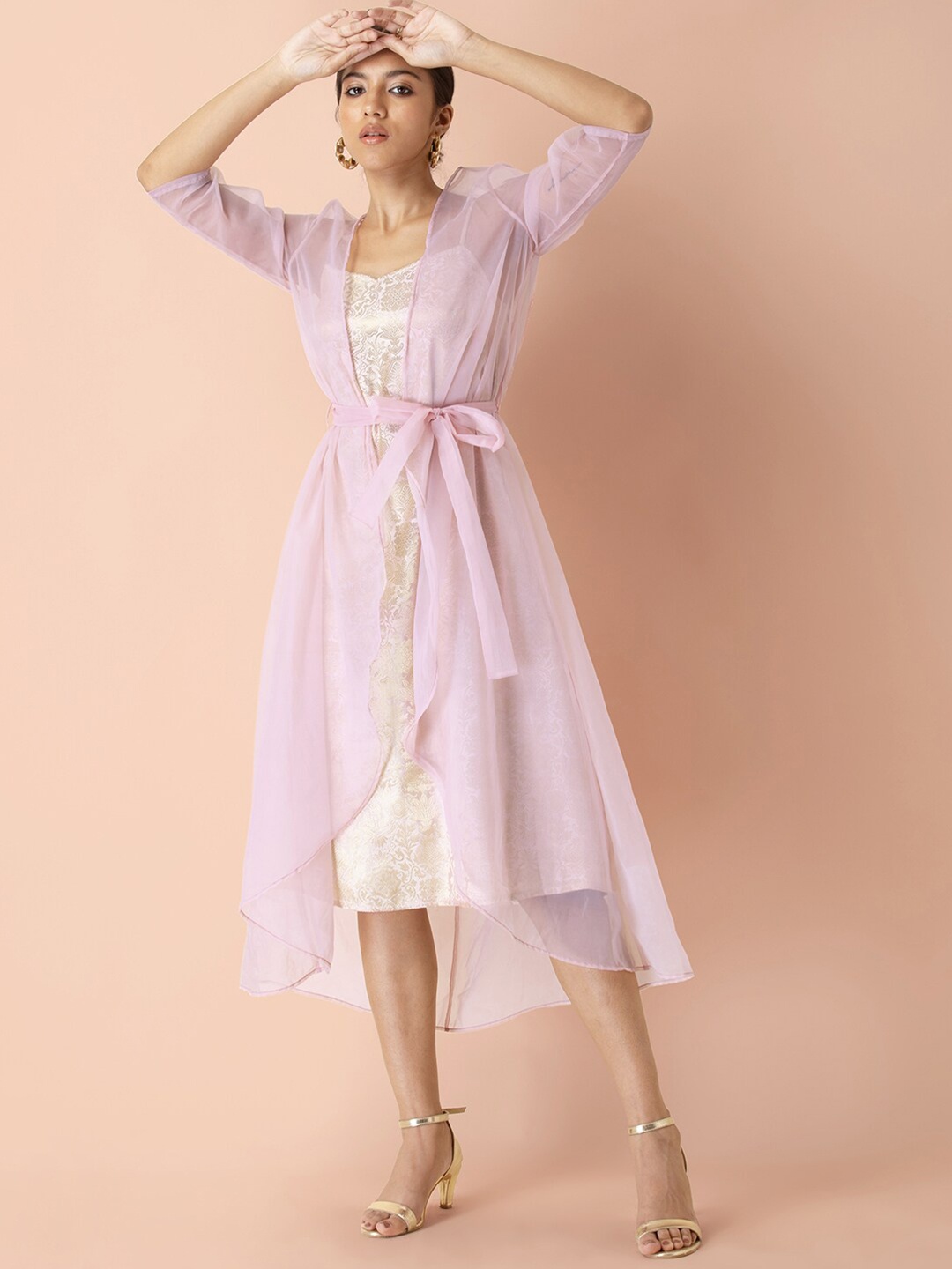 

Earthen BY INDYA Pink Floral Ethnic A-Line Midi Dress with Organza Jacket