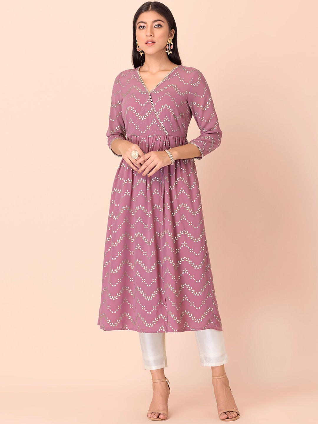 

INDYA Women Pink Geometric Embroidered Flared Sleeves Gotta Patti Georgette Anarkali Kurta