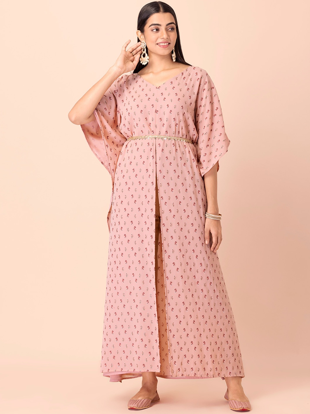 

Rang by Indya Women Pink Floral Printed Straight Kurta with Attached Belt