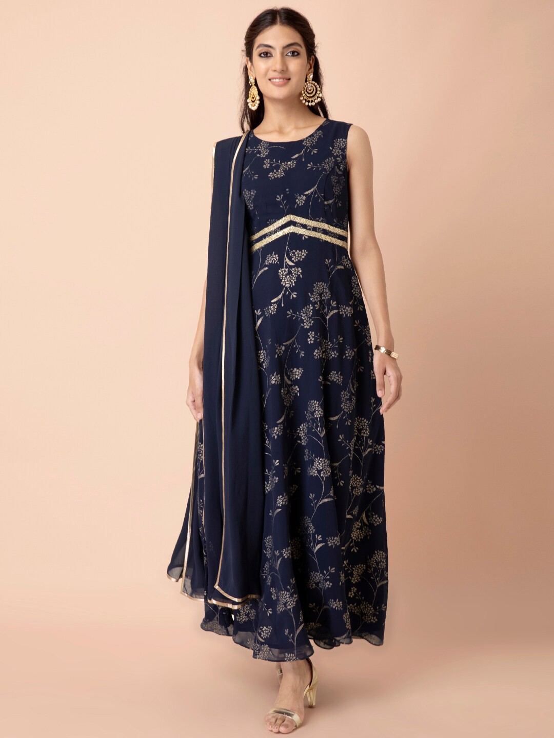 

INDYA Blue Floral Georgette Ethnic Maxi Dress with Attached Dupatta