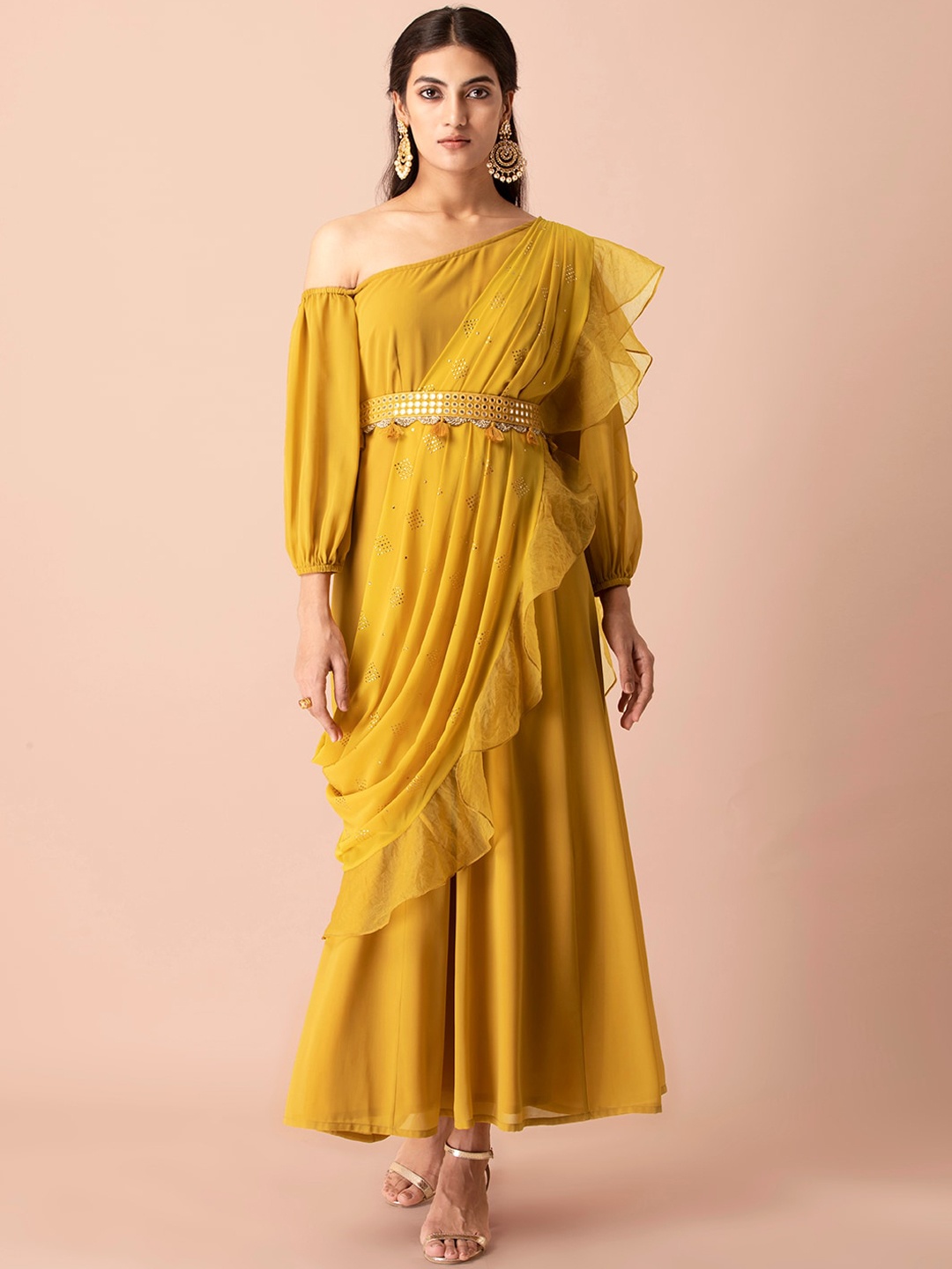 

INDYA Women Mustard Yellow One-Shoulder Belted Kurta with Attached Dupatta