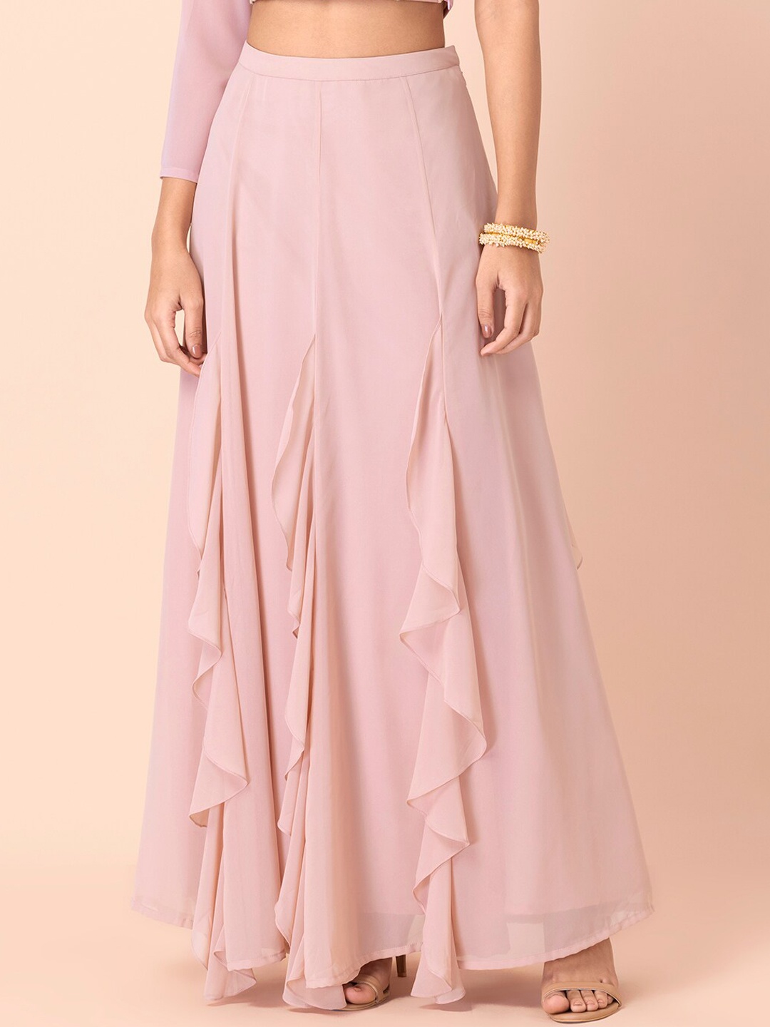 

INDYA Women Pink Solid Flared Maxi Skirt