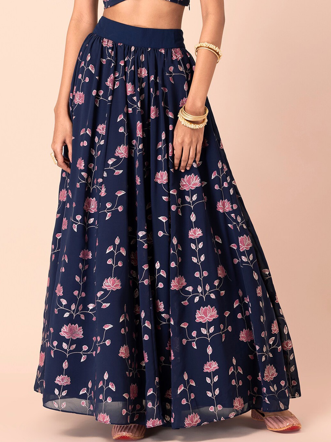 

INDYA Women Blue & Pink Printed Flared Maxi Skirt