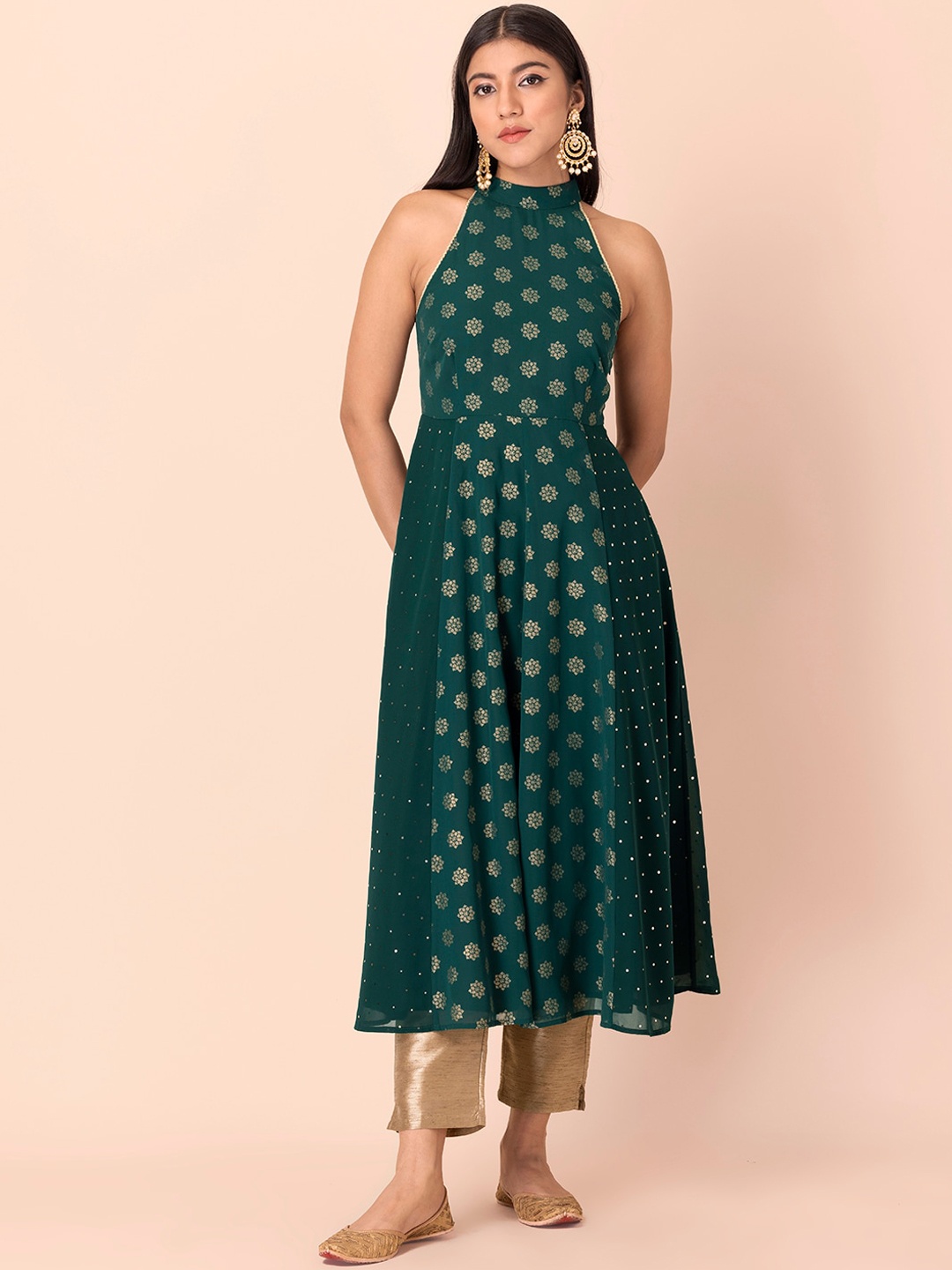 

INDYA Women Green Floral Printed Halter Neck Georgette Kurta With Zari Detail