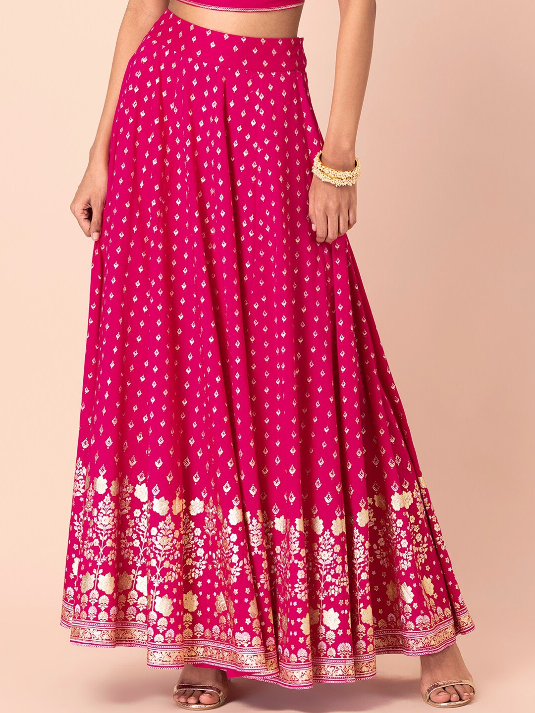 

INDYA Women Pink & Golden Printed Flared Maxi Skirt