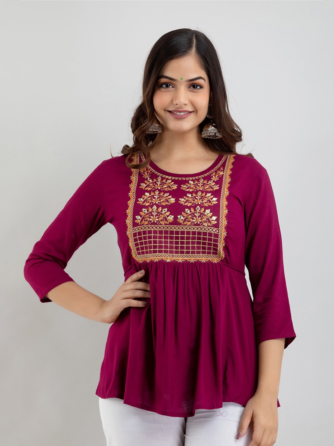 

Women Touch Burgundy Embroidered Empire Top