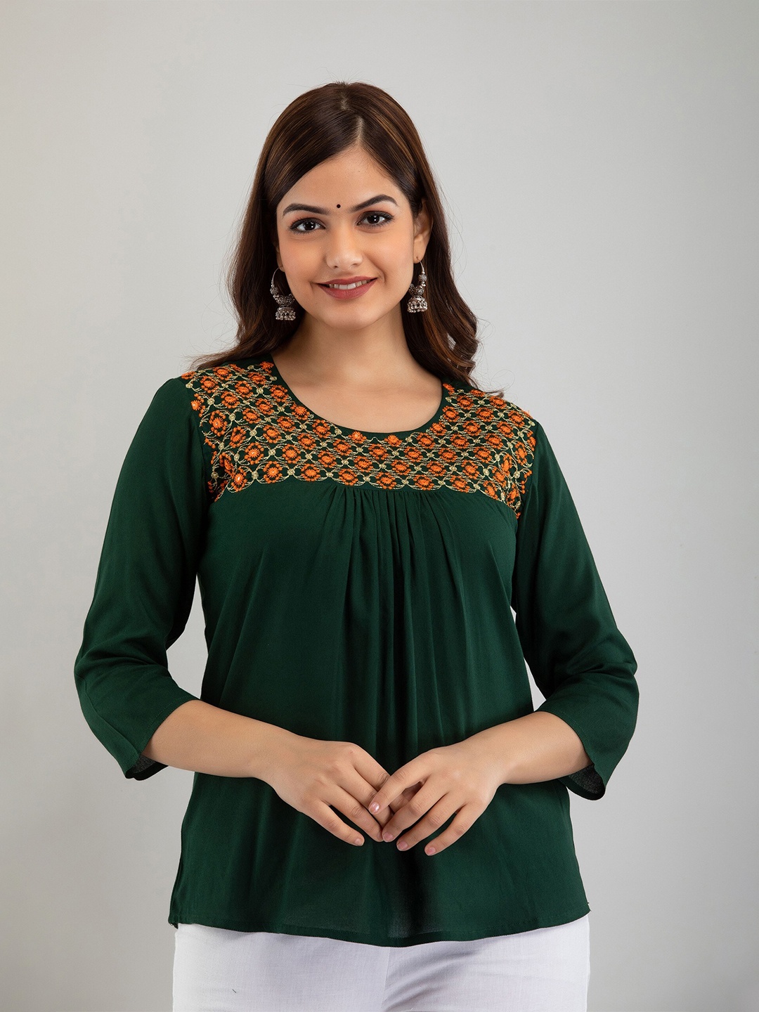 

Women Touch Green & Orange Geometric Embroidered Top