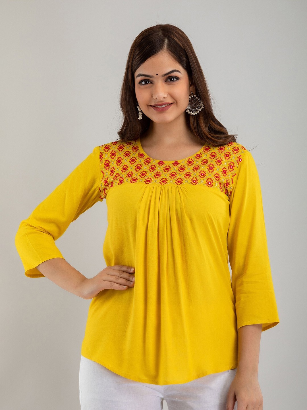 

Women Touch Mustard Yellow & Red Embroidered Top