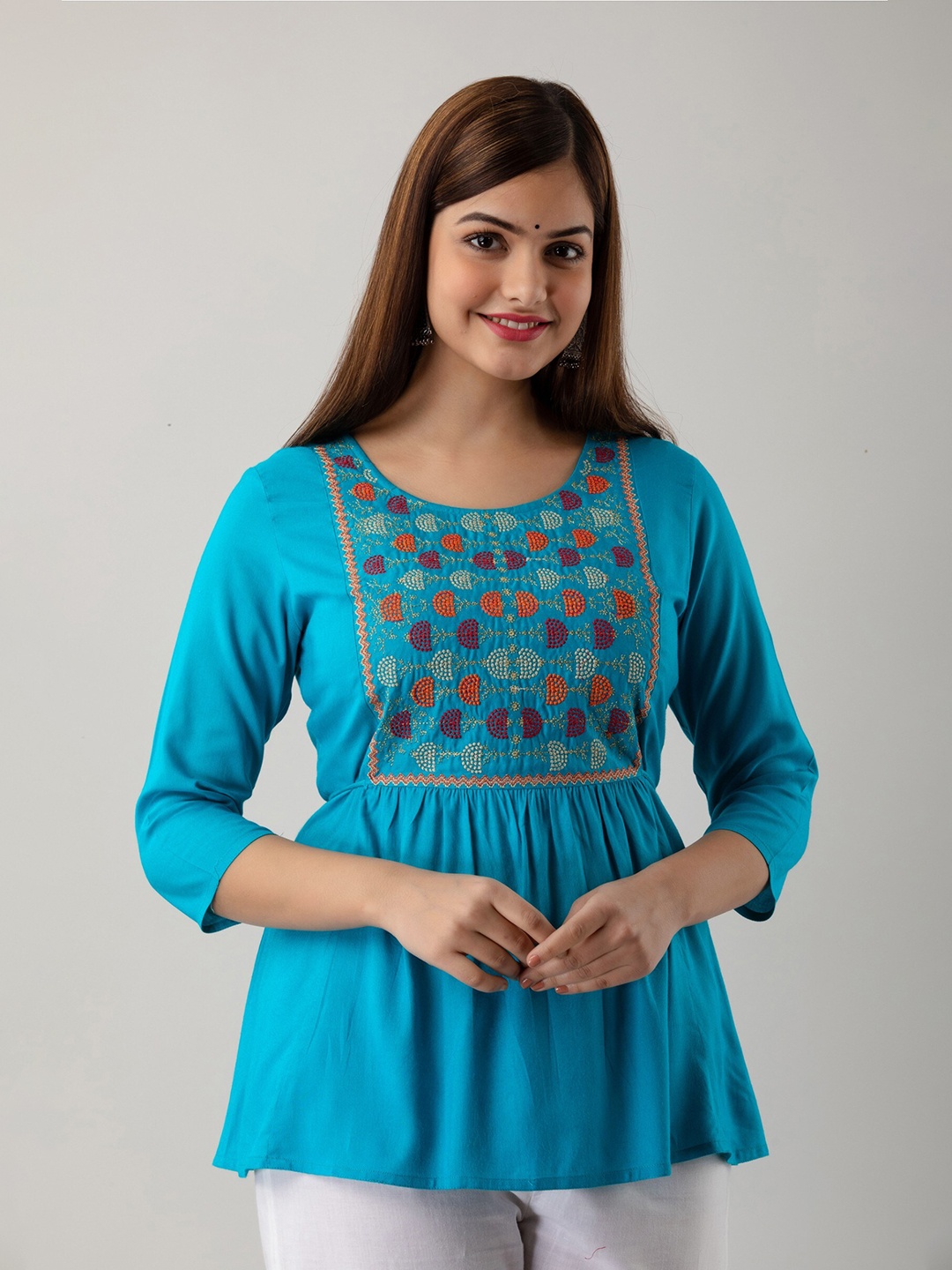 

Women Touch Turquoise Blue Floral Print Top