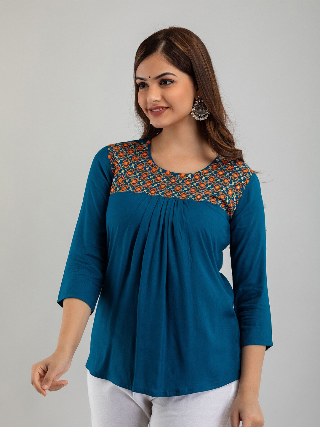 

Women Touch Women Teal Blue Embroidered Top