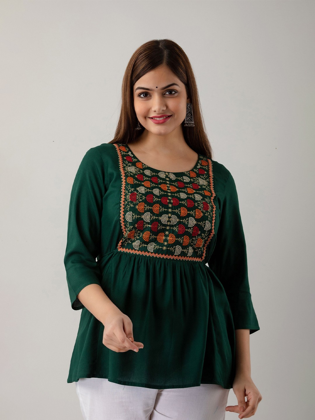 

Women Touch Green & Red Embroidered Top