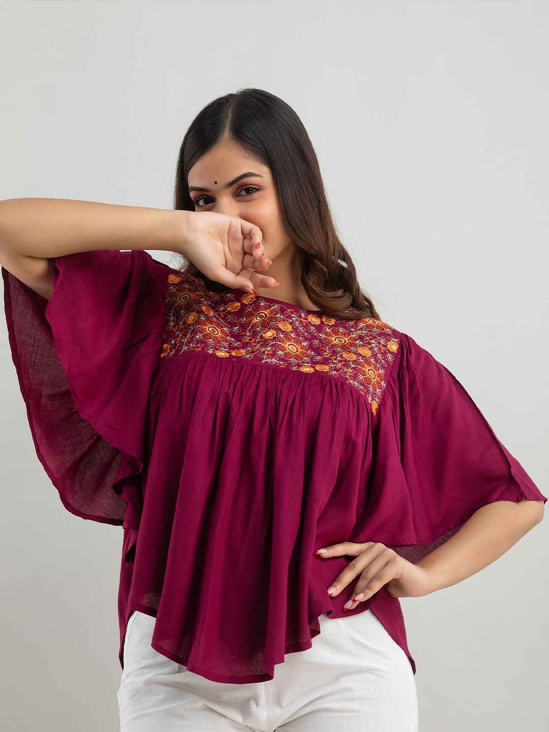 

Women Touch Purple Floral Embroidered Cape Top