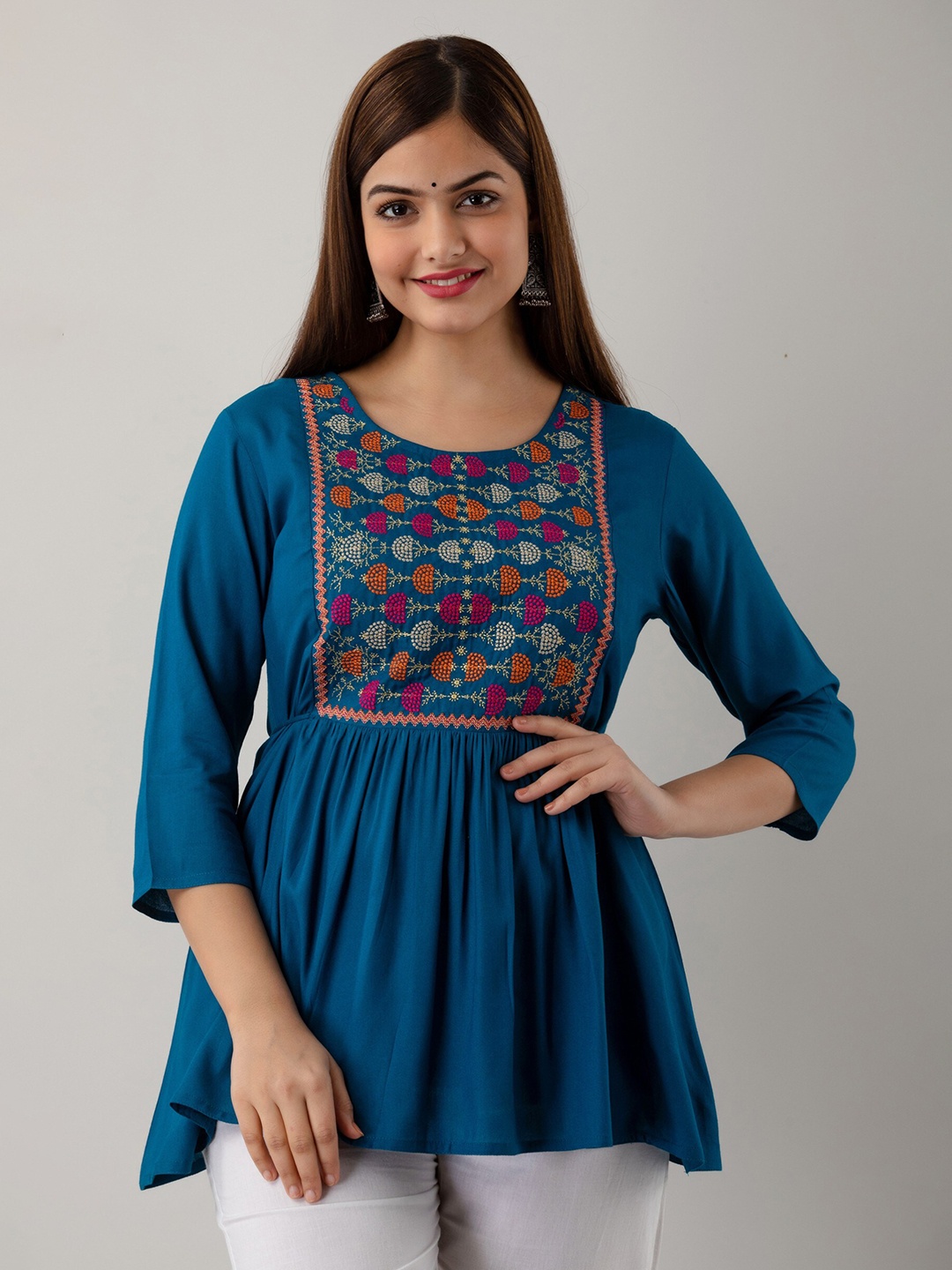 

Women Touch Blue Yoke Embroidered A-line Top
