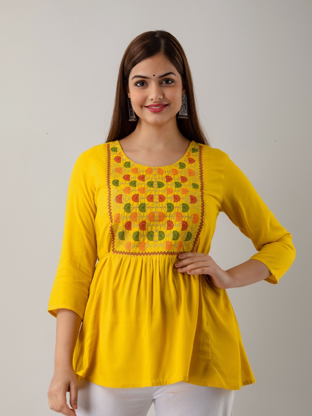 

Women Touch Yellow Geometric Embroidered Top