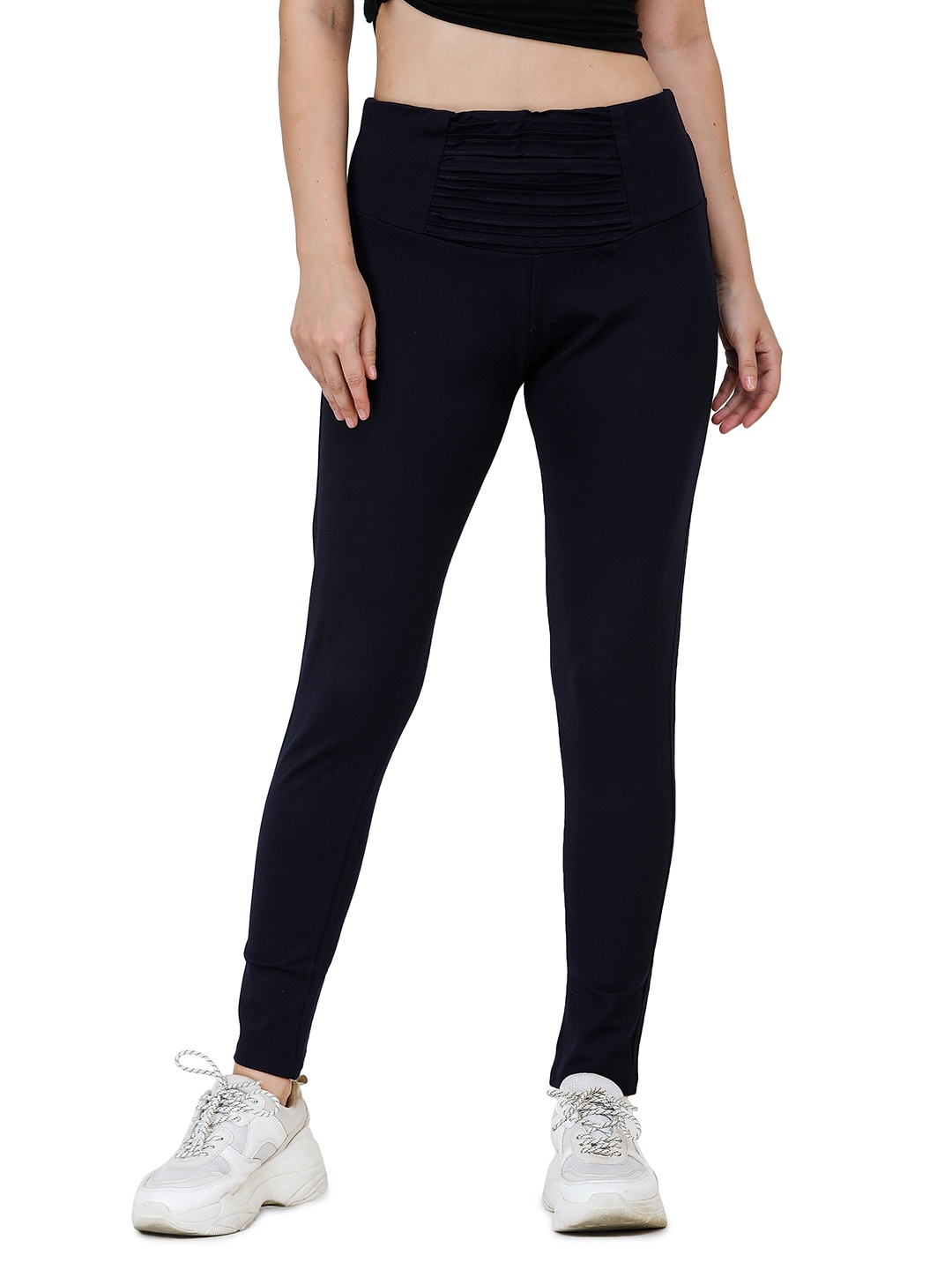 

DECHEN Women Navy Blue Poly Viscose Lycra Elastic Waist Pintuck Tregging