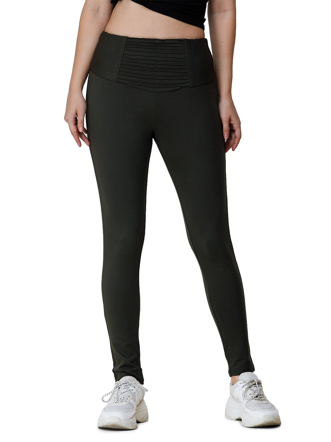 

DECHEN Women Olive Green Solid Skinny Fit Treggings