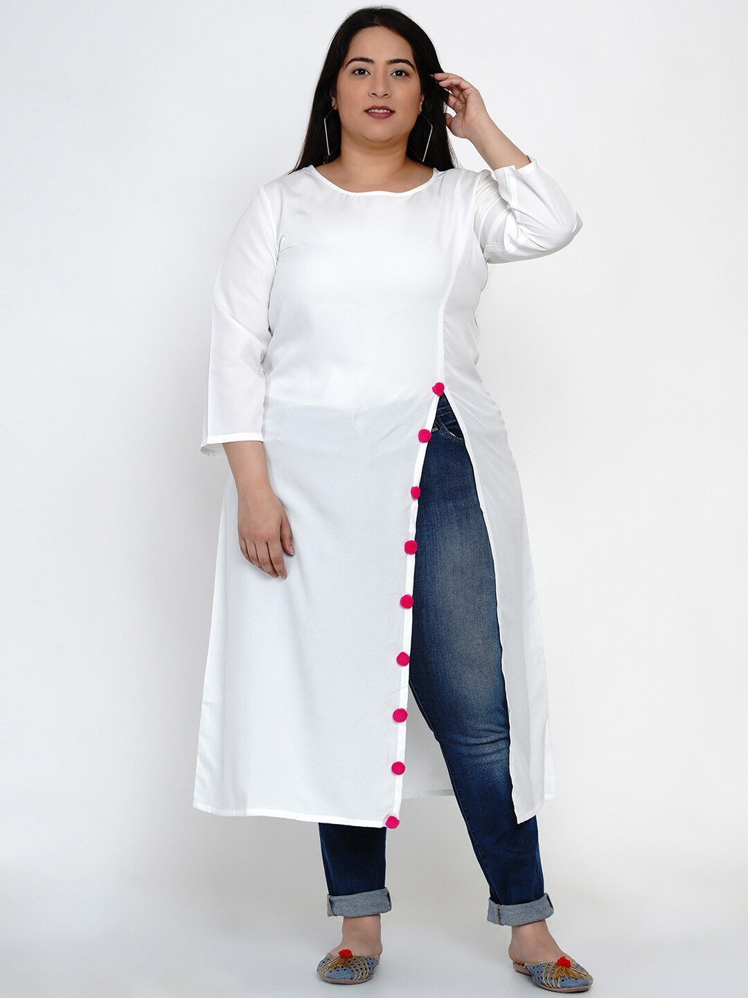 

Fabnest Curve Plus Size Women White & Red Side Slit Tunic