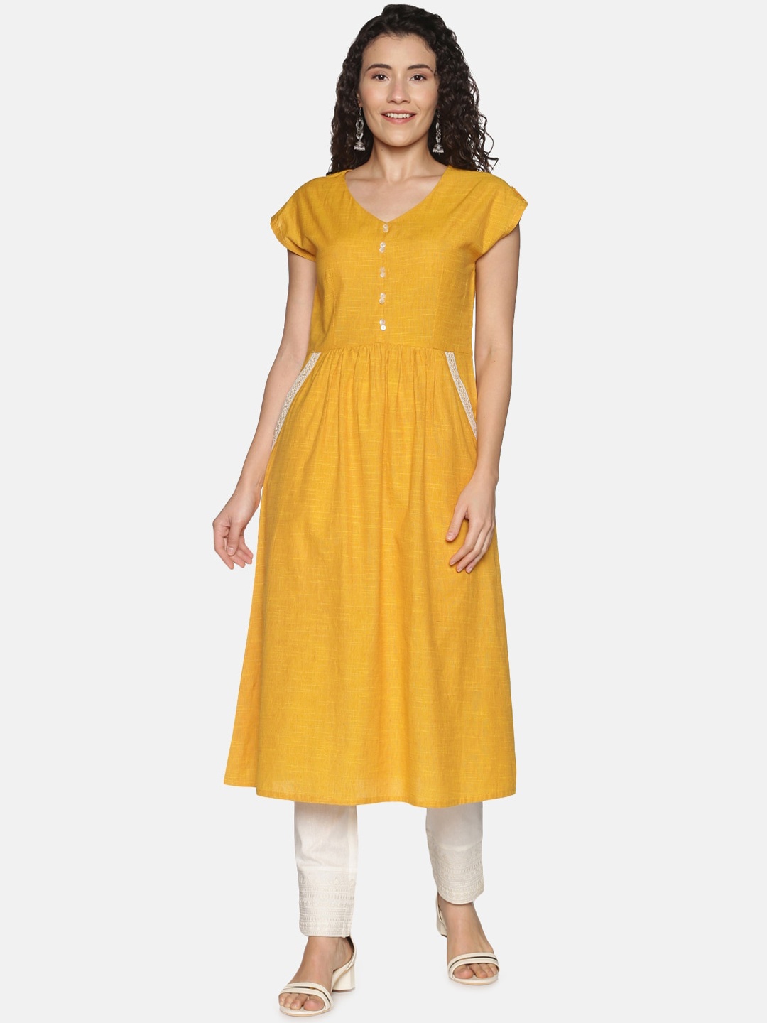 

Saffron Threads Women Mustard Yellow Thread Work Anarkali Kurta