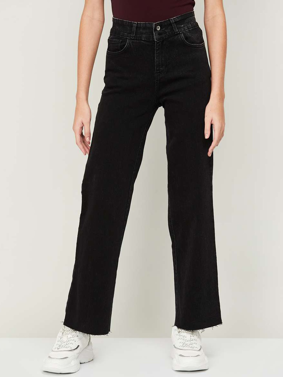

Xpose Women Black Comfort Wide Leg High-Rise Slash Knee Stretchable Jeans