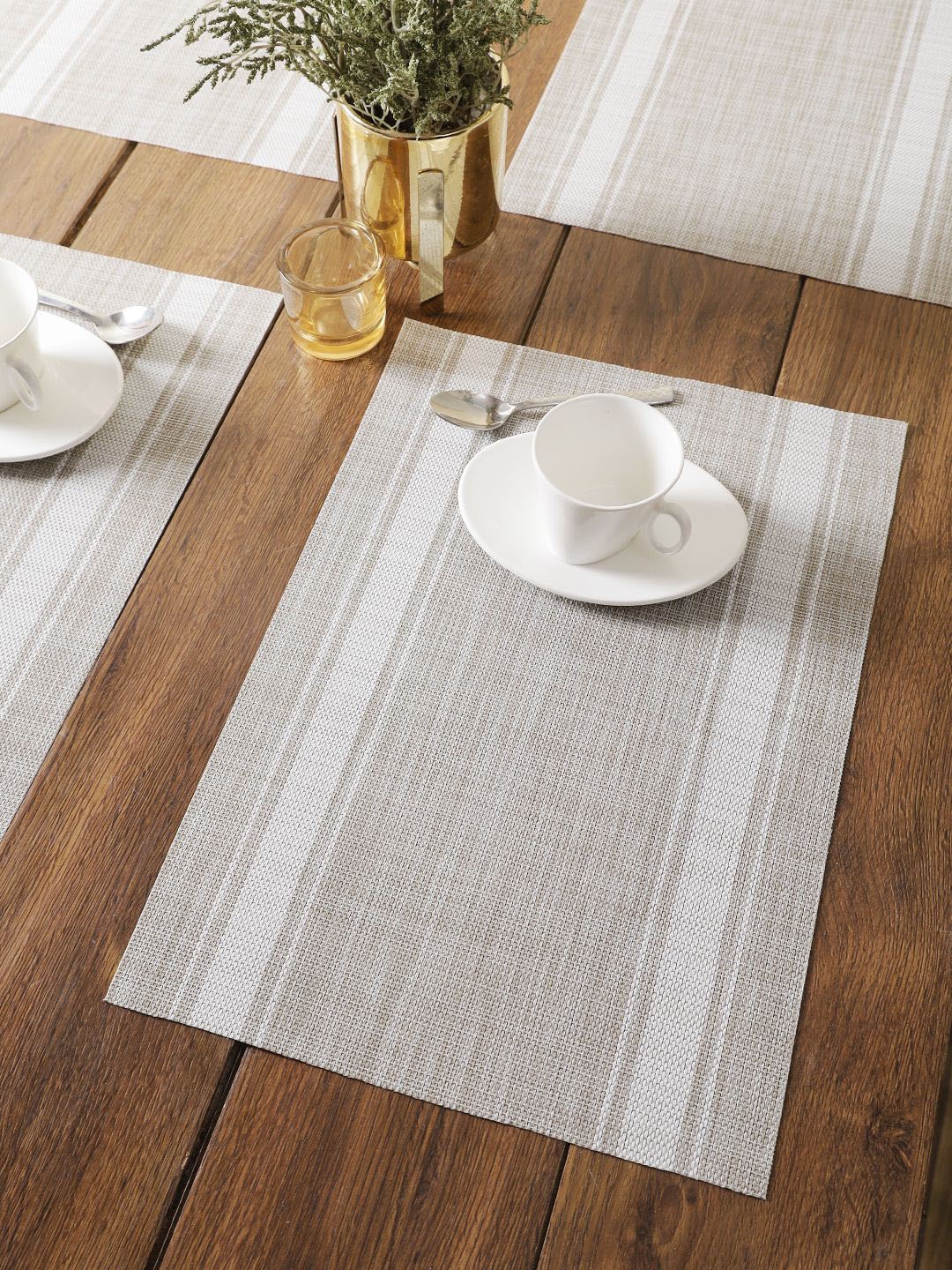 

BIANCA Set Of 6 Khaki-Coloured & White Woven Design Rectangle Table Placemats