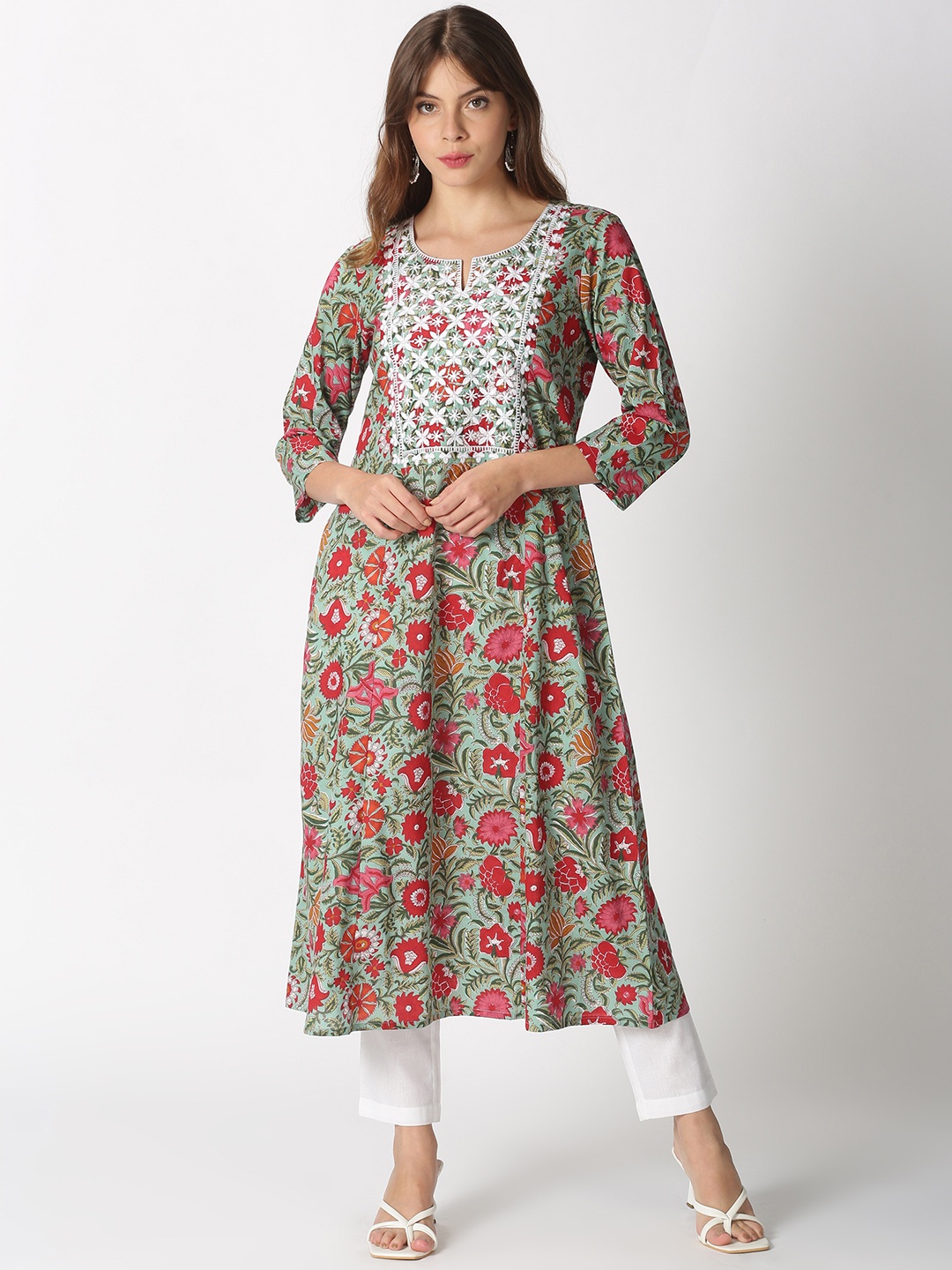 

Saffron ThreadsWomen Turquoise Blue Floral Printed Chikankari Embroidered Neck Kurta