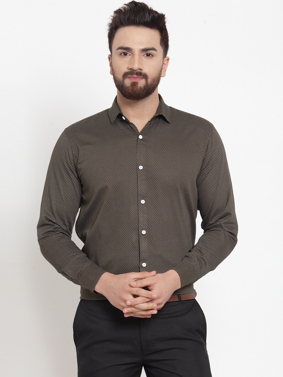 

JAINISH Men Olive Green & White Smart Printed Formal Shirt
