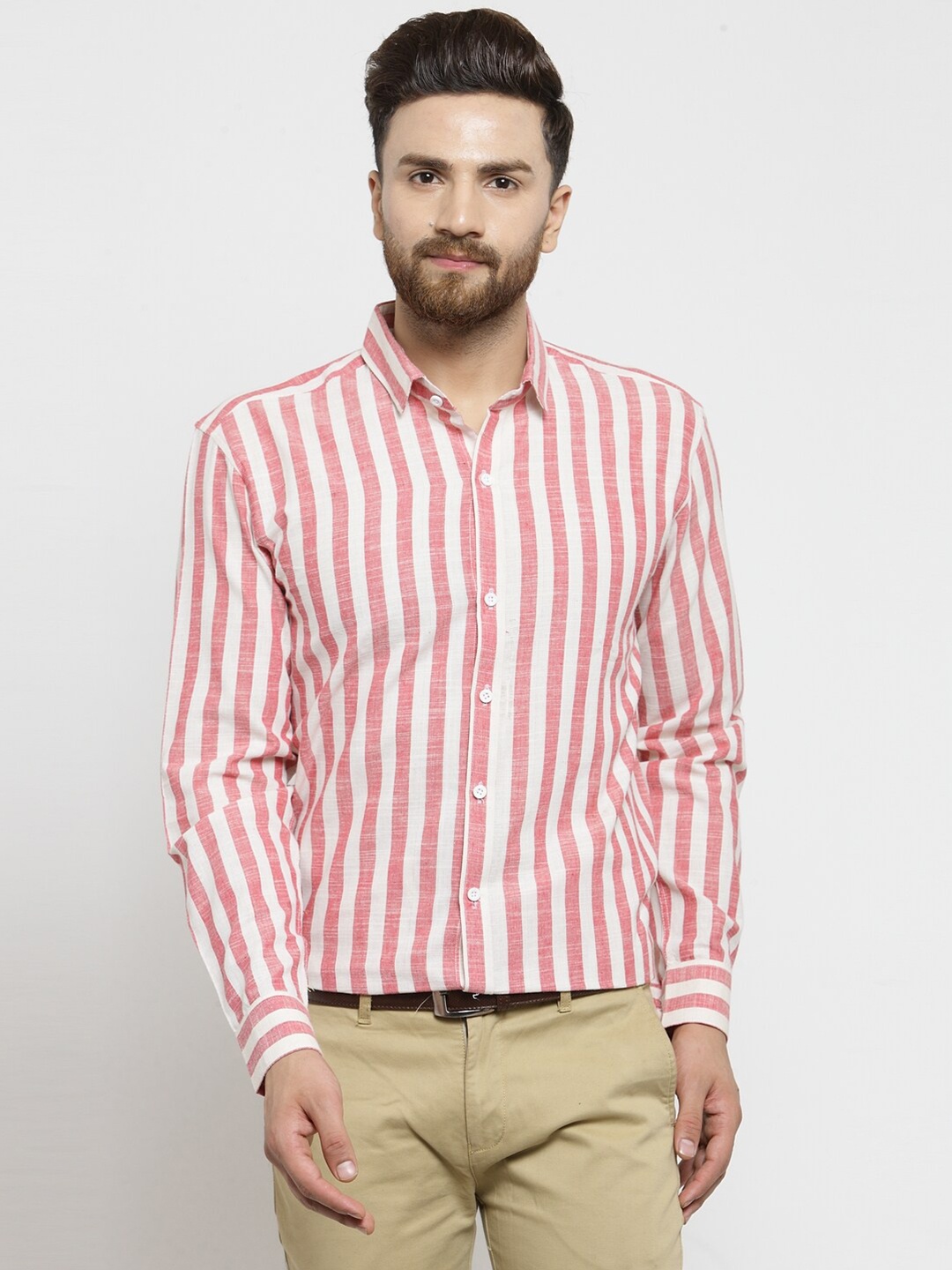 

JAINISH Men Coral Pink Classic Striped Formal Shirt