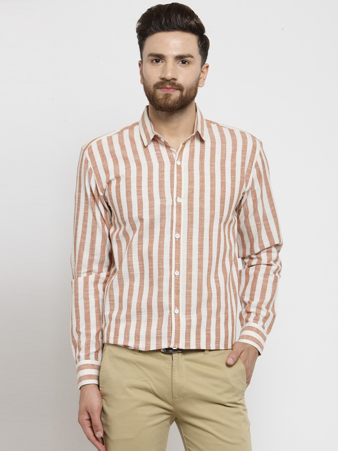 

JAINISH Men Brown Classic Striped Regular Fit Cotton Formal Shirt, Orange