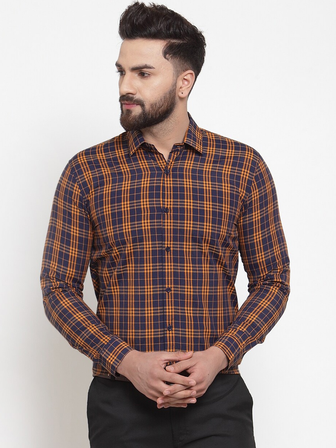 

JAINISH Men Orange Classic Tartan Checks Checked Formal Shirt