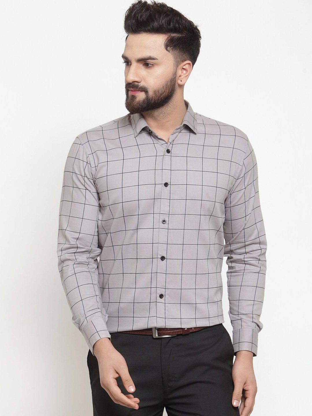

JAINISH Men Grey Classic Checked Cotton Formal Shirt