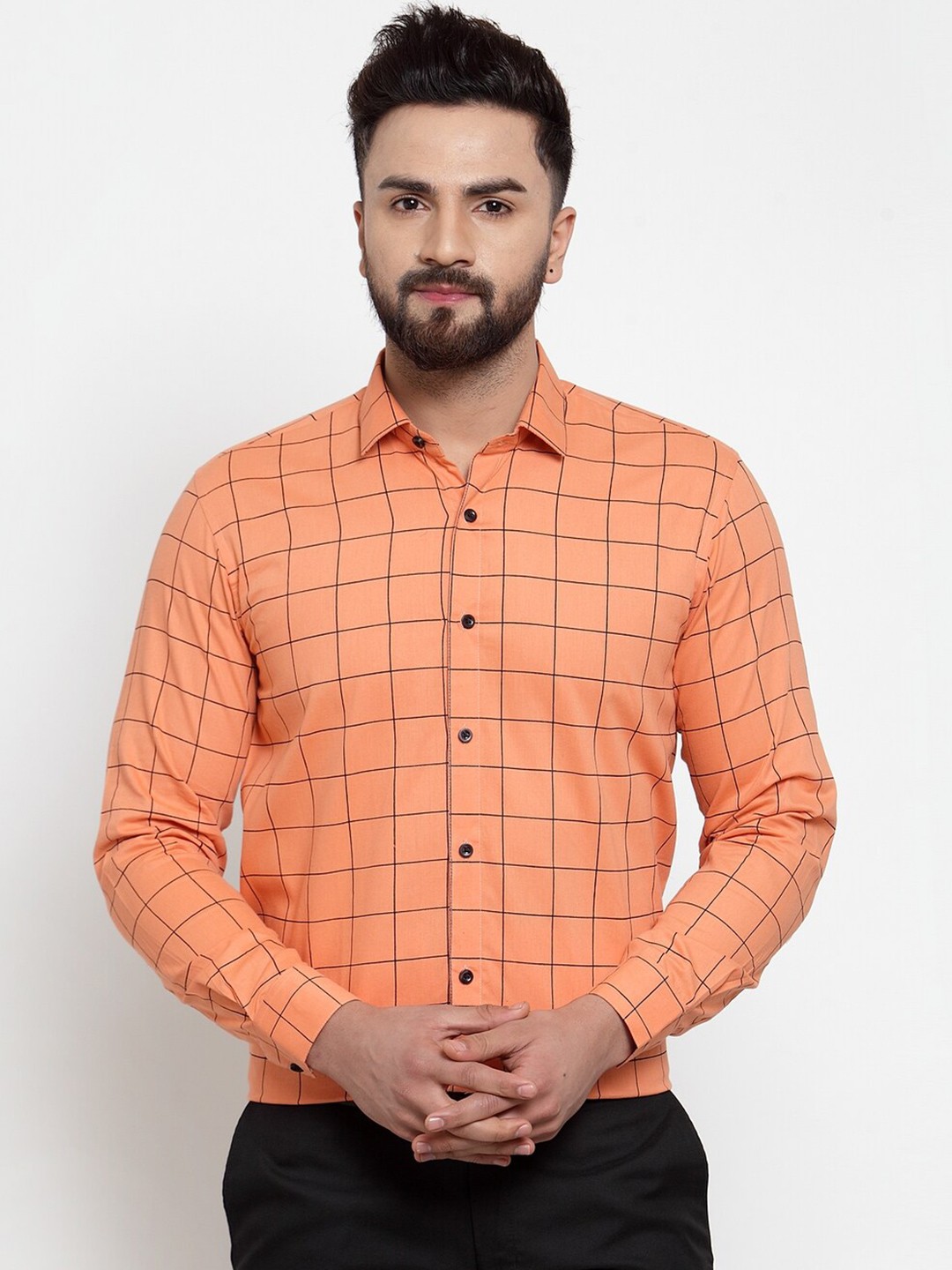 

JAINISH Men Orange Windowpane Checks Checked Classic Cotton Formal Shirt