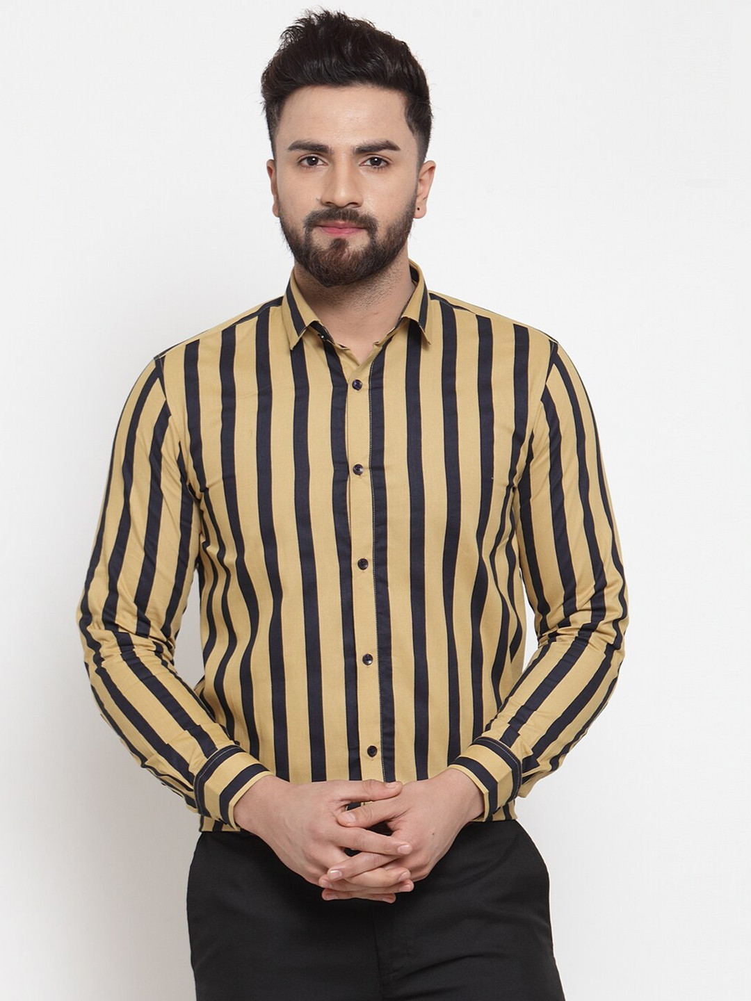 

JAINISH Men Yellow & Black Classic Striped Pure Cotton Formal Shirt