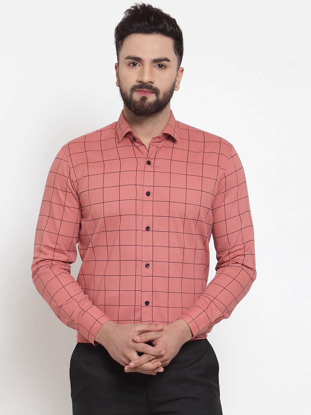 

JAINISH Men Peach-Coloured Classic Windowpane Checked Cotton Formal Shirt