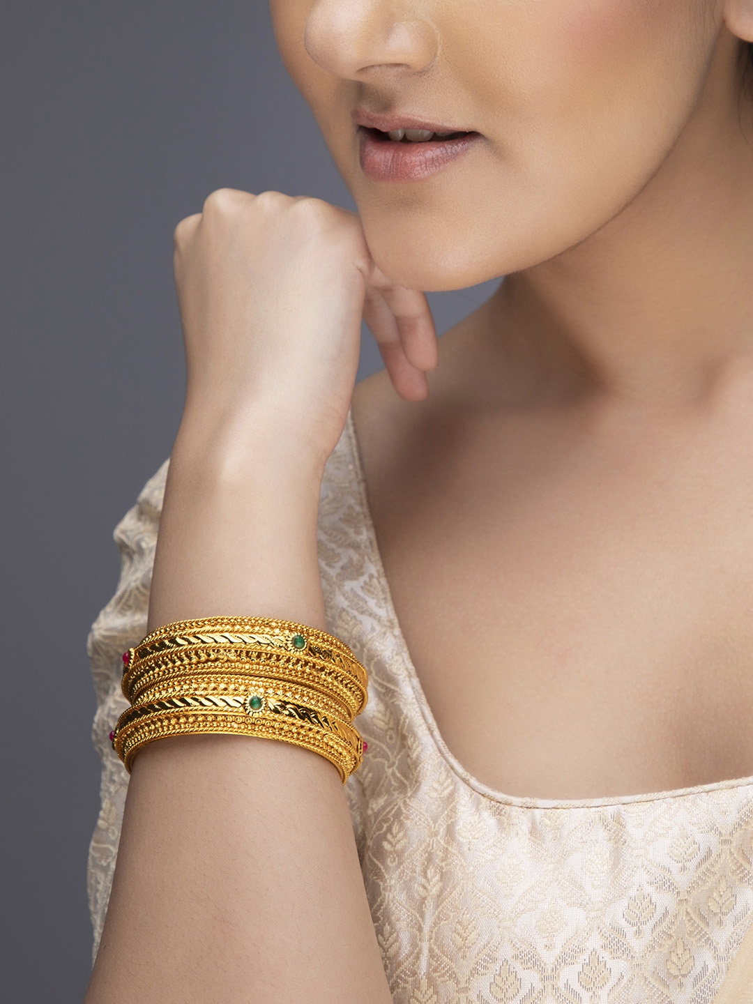 

Anouk Set Of 2 Gold-Plated Red & Green Stoned-Studded Bangles