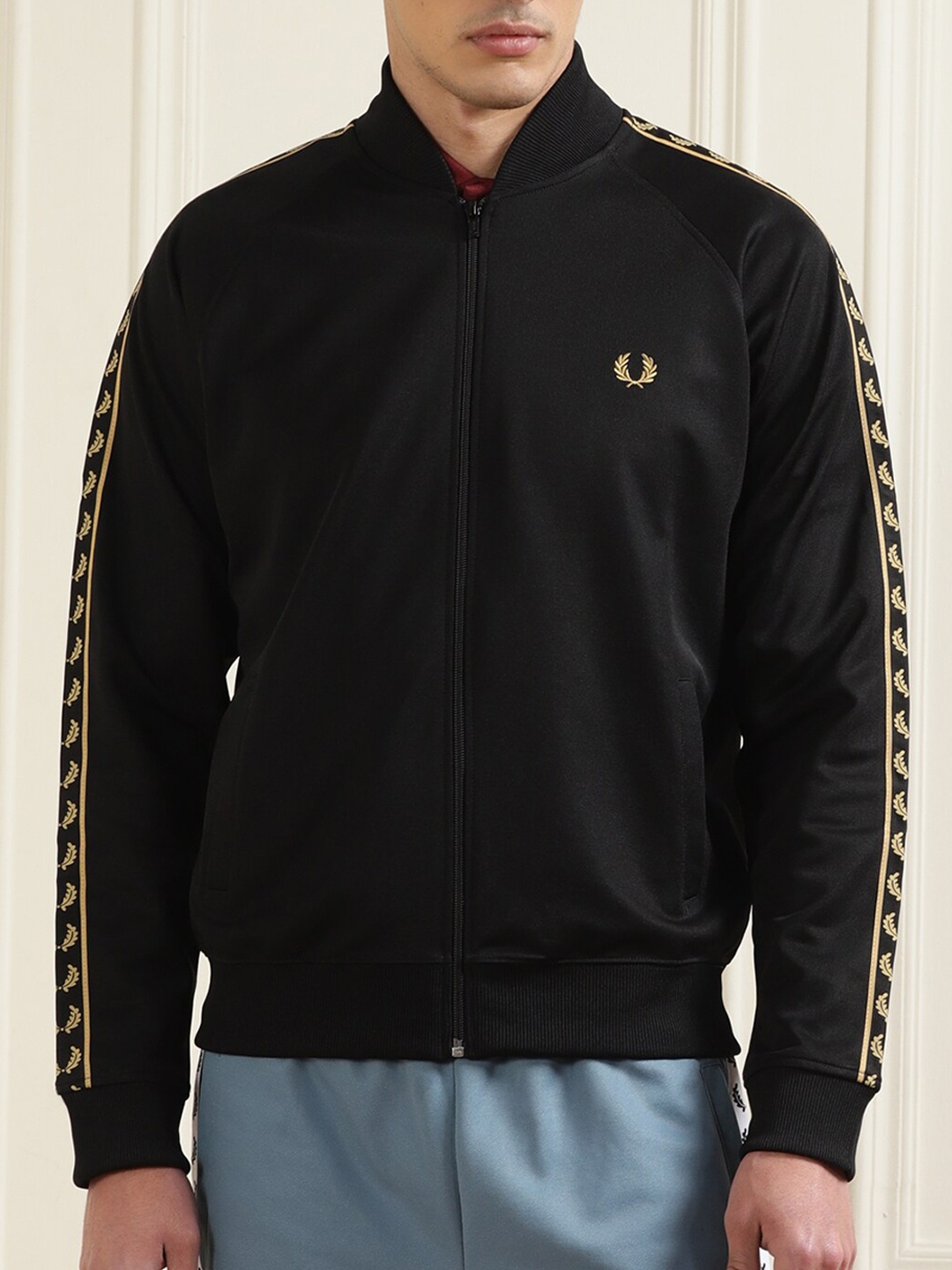 

Fred Perry Men Black Lightweight Cotton Taped Track Bomber Jacket