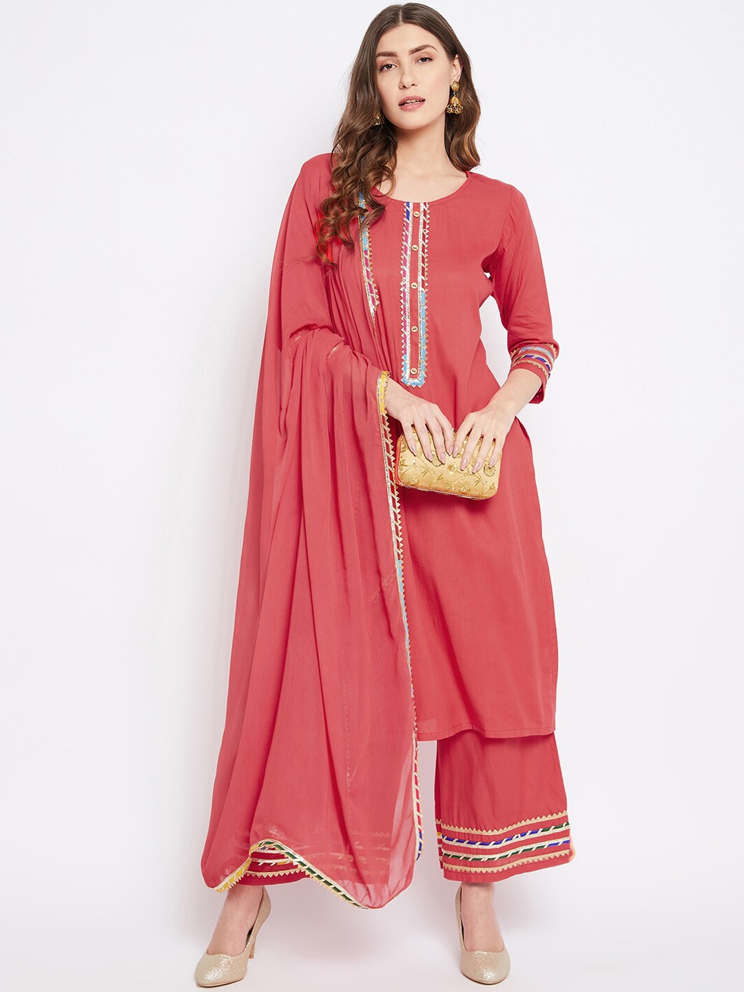 

Bitterlime Women Coral Pink Gotta Patti Kurta with Palazzos & Dupatta