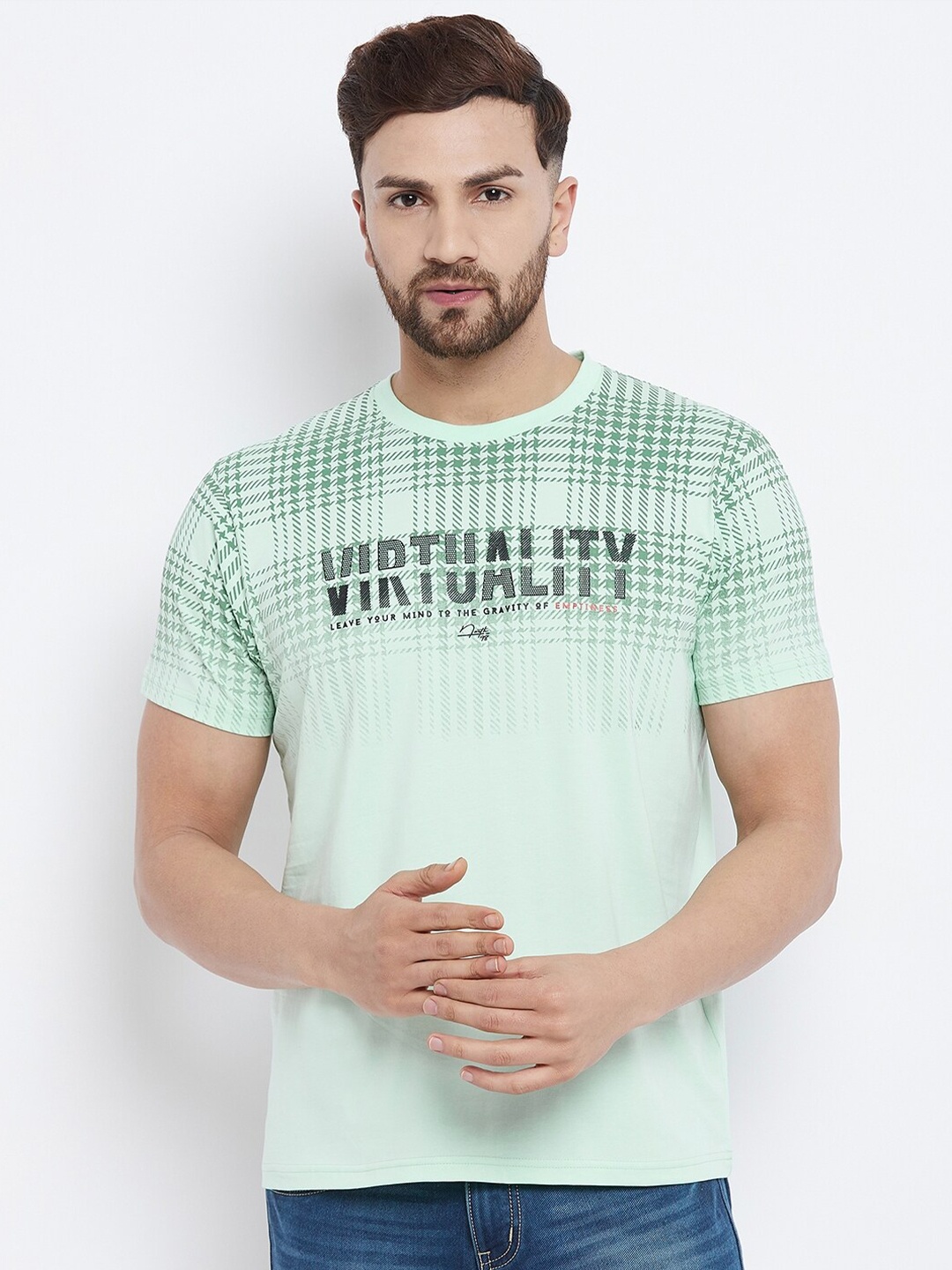 

98 Degree North Men Sea Green & Black Typography Checked T-shirt