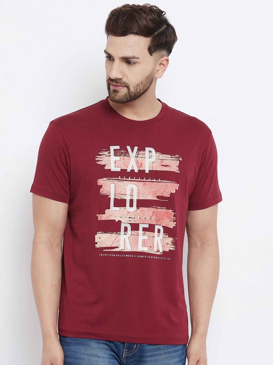 

98 Degree North Men Burgundy Typography Printed T-shirt