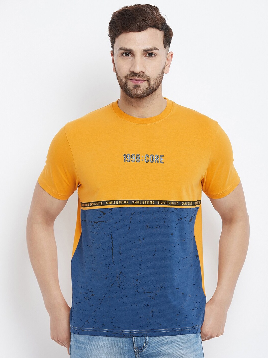 

98 Degree North Men Mustard Yellow & Blue Colourblocked Cotton T-shirt