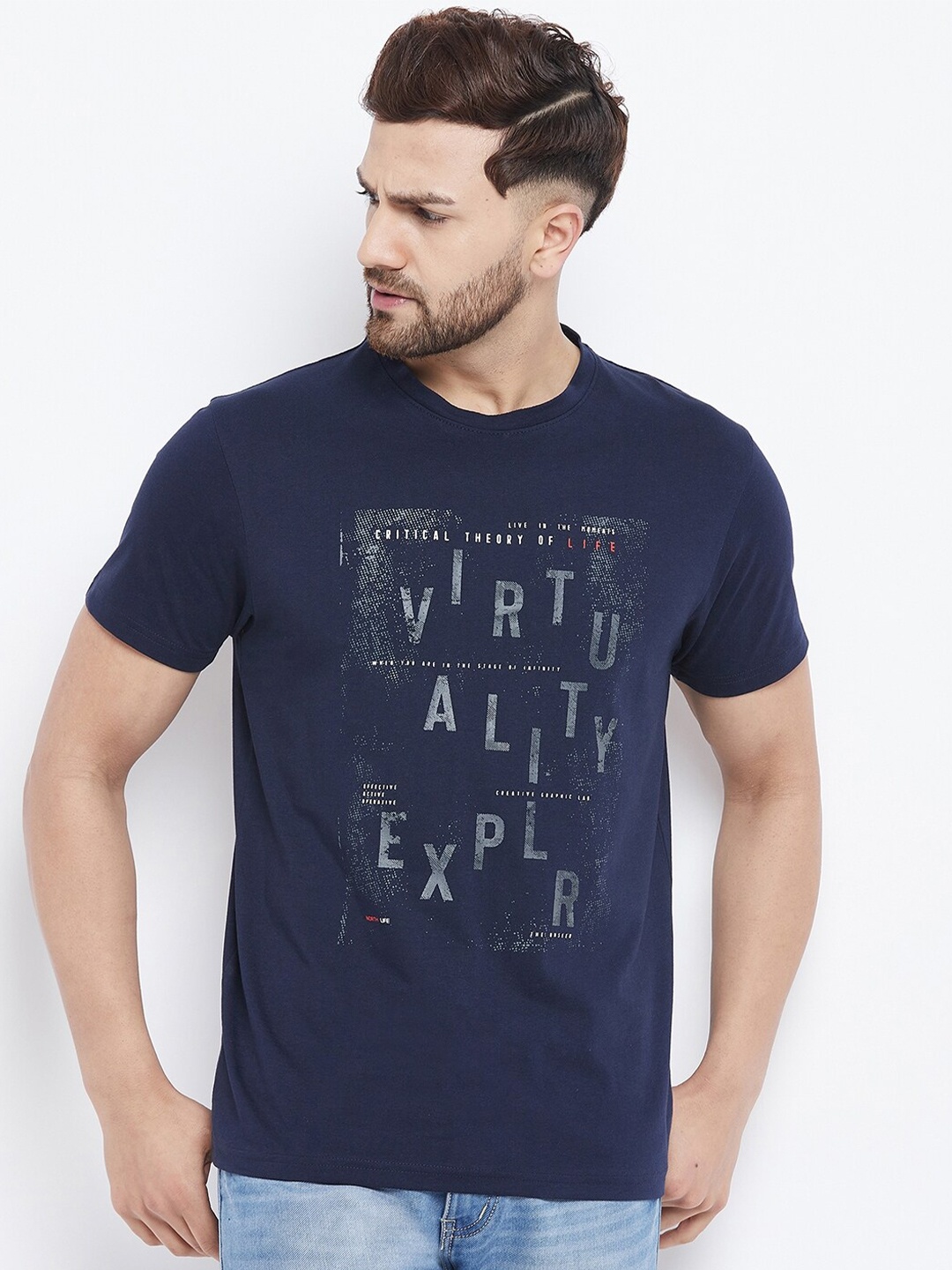 

98 Degree North Men Navy Blue Typography Printed T-shirt