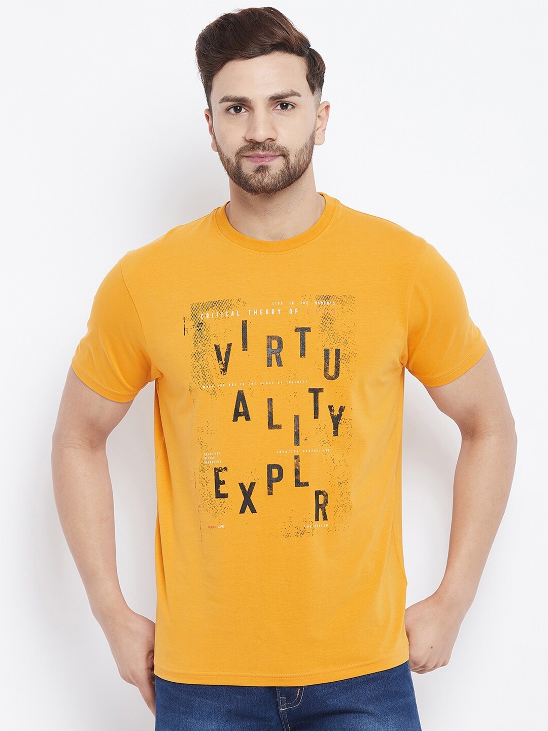 

98 Degree North Men Mustard Yellow & Black Typography Printed T-shirt