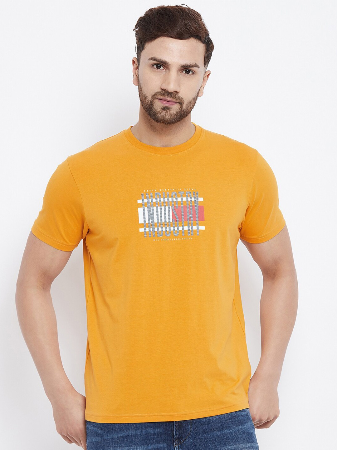 

98 Degree North Men Mustard Yellow Typography Printed Applique T-shirt